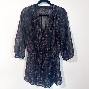Maurice's Sheer Black Geometric Print Tunic Top With Elastic Waist & 3/4 Sleeves